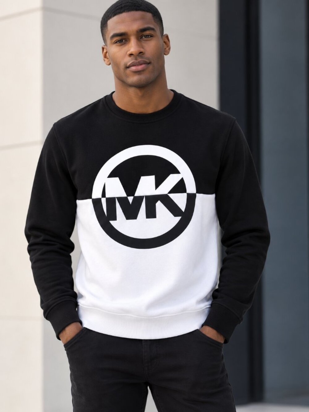 Michael Kors Men's Black White Colorblock Oversized MK Logo Crewneck Sweatshirt